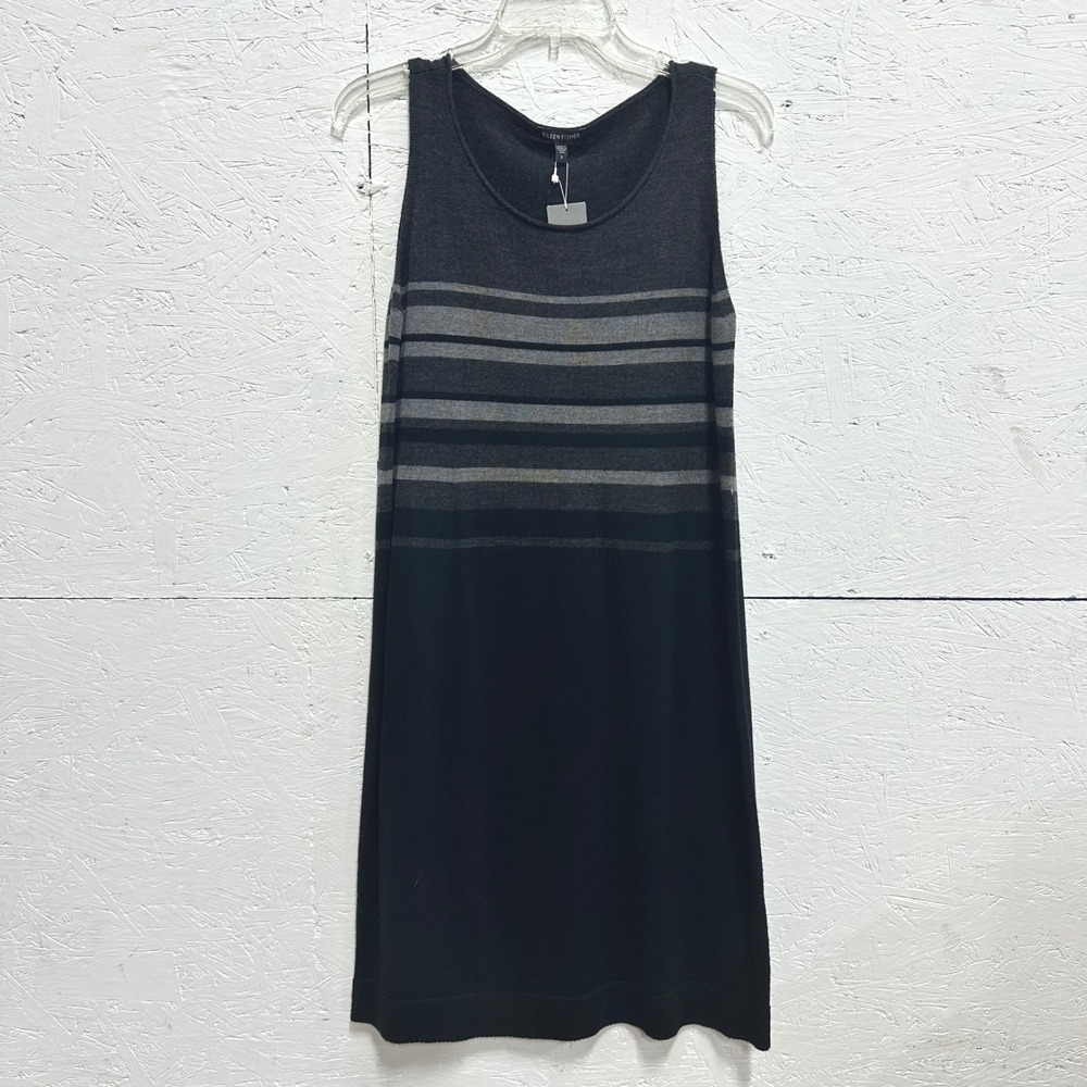 Eileen Fisher S Sweater Dress Grey Striped Merino Wool Layering Office Luxe NWT